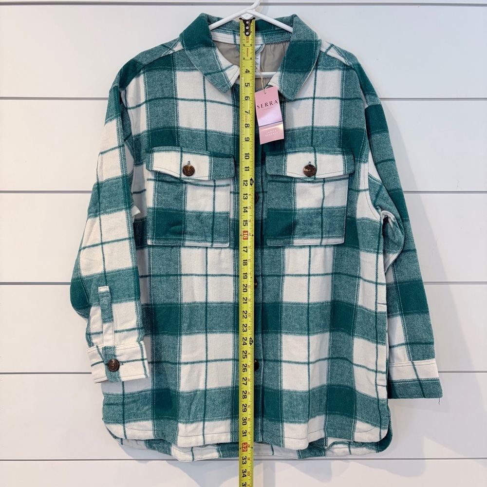 🌟2 for $10 Serra Greenish Blue Plaid Shacket Oversized Cozy Cottagecore Jacket M - Picture 5 of 7